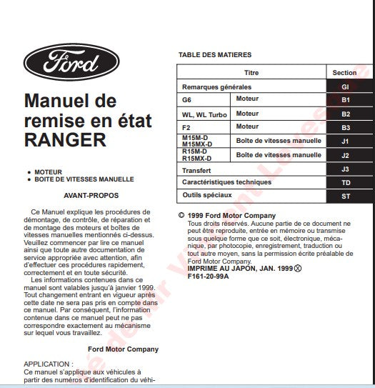 Manuel d'atelier Ford Ranger Mazda B2500 1998 2006 français Docautomoto