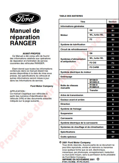 Manuel d'atelier Ford Ranger Mazda B2500 1998 2006 français Docautomoto