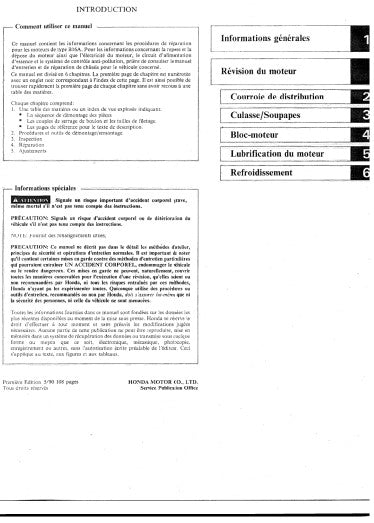 Manuel d'atelier moteur Honda 1600 Vtec 1990 français Docautomoto