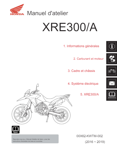 manuel d'atelier Honda 300 XRE 2016 2019 français { {{ Docautomoto }}