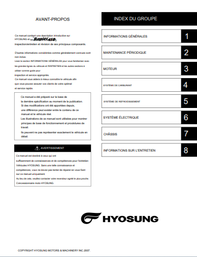 Manuel d'atelier Hyosung rapier TE 450 2008 français { {{ Docautomoto }}