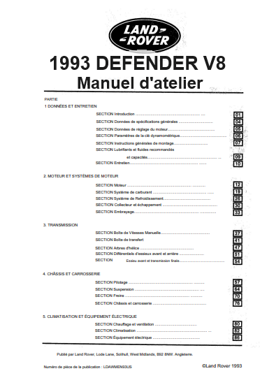 Manuel d'atelier Land Rover Defender V8 1993 français { Docautomoto