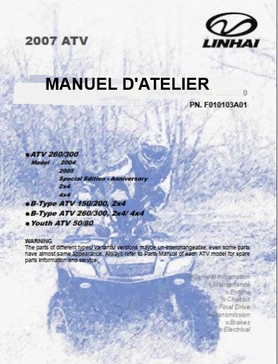 Manuels d'atelier quads Linhai Hytrack 50 80 150 200 160 300 en français { {{ Docautomoto }}