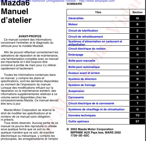 manuel d'atelier Mazda 6 2002 français { AUTHENTIQU'ERE
