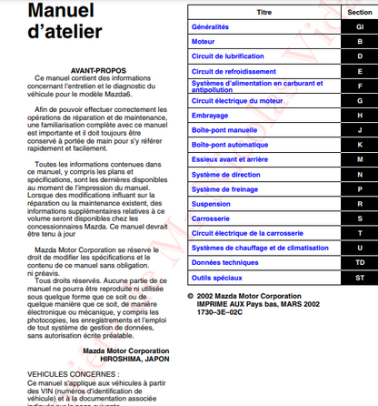 Manuel d'atelier français Mazda 6 PDF 2002 en français Docautomoto