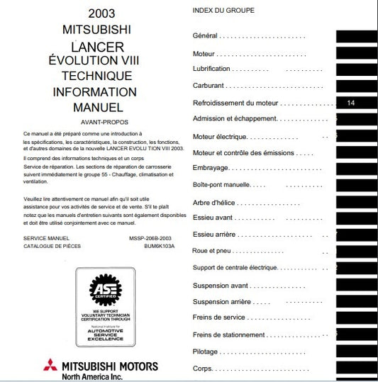 Manuel d'atelier Mitsubishi Lancer Evo 2003 français { Docautomoto