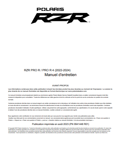 Manuel d'atelier Polaris RZR pro 2022 2024 français
