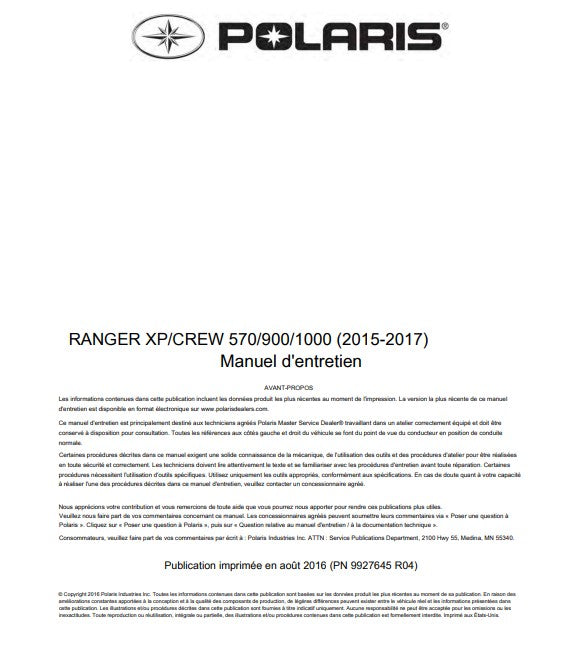 Manuel d'atelier Polaris Ranger XP Crew 2015 2017 français Docautomoto