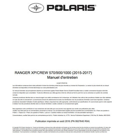 Manuel d'atelier Polaris Ranger XP Crew 2015 2017 français Docautomoto