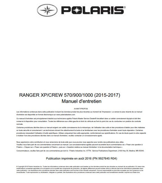 Manuel d'atelier Polaris Ranger XP Crew 2015 2017 français Docautomoto
