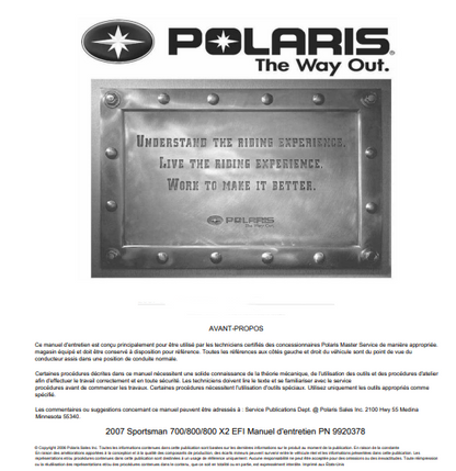 Manuel d'atelier Polaris Sporstman 700 800 EFI 2007 français { {{ Docautomoto }}