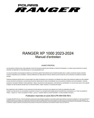 Manuel d'atelier Polaris ranger XP 1000 2024 français Docautomoto