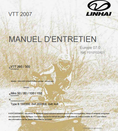 Manuel d'atelier Linhai Hytrack 50 80 125 260 300 2007 français { {{ Docautomoto }}