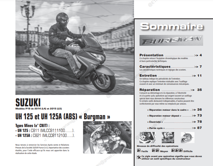 Manuel d'atelier Suzuki Burgman 125 2014 { {{ Docautomoto }}