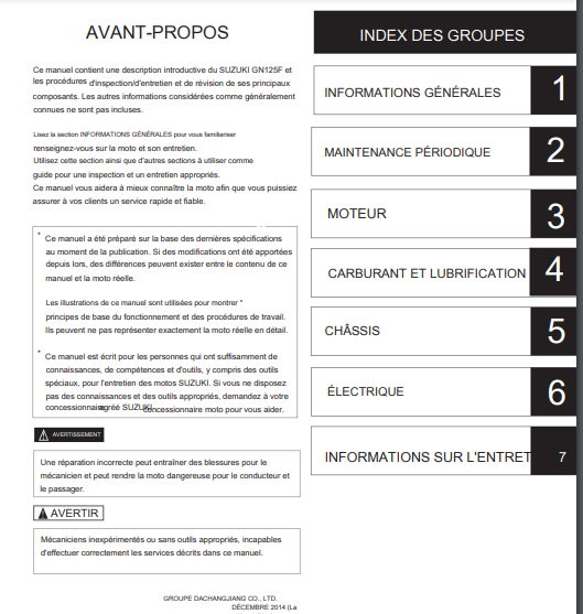 Manuel d'atelier Suzuki 125 GN 2015 en français { {{ Docautomoto }}