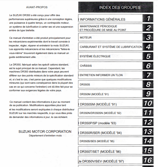 manuel d'atelier Suzuki 350 DR 90 99 en français { {{ Docautomoto }}