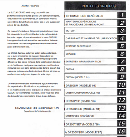 manuel d'atelier Suzuki 350 DR 90 99 en français { {{ Docautomoto }}