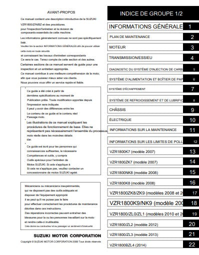 Manuel d'atelier Suzuki VZR 1800 2007 2017 en français Docautomoto