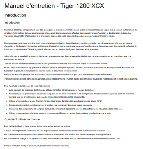 Manuel d'atelier Triumph Tiger 1200 XCX 2018 2021 français { Docautomoto