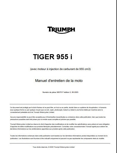 Manuel d'atelier Triumph Tiger 955 i 2005 { {{ Docautomoto }}