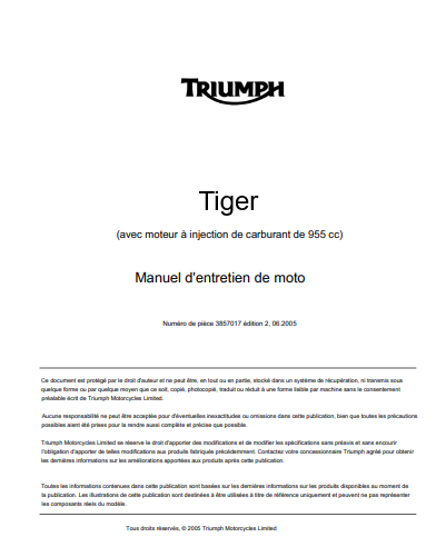 Manuel d'atelier Triumph 955i 2005 français { {{ Docautomoto }}