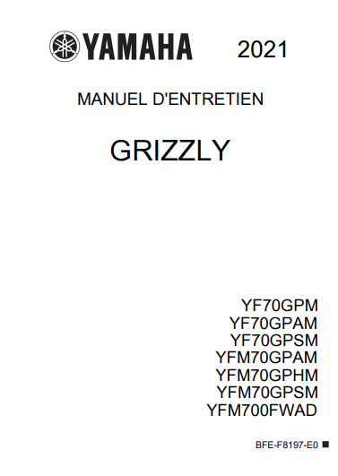 Manuel d'atelier Yamaha 700 Grizzly 2021 français