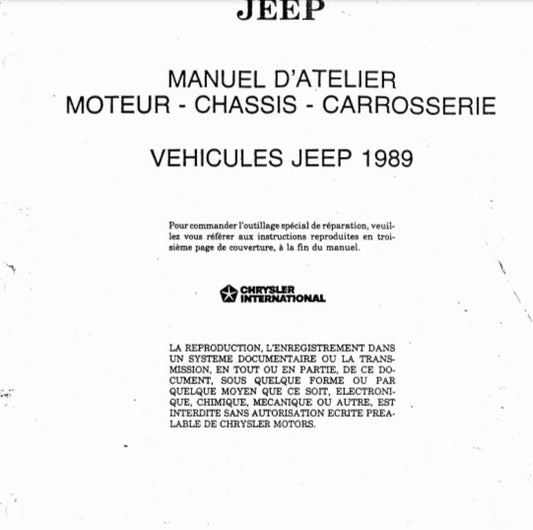 Manuel d'atelier Jeep 1989 tous modèles { {{ Docautomoto }}