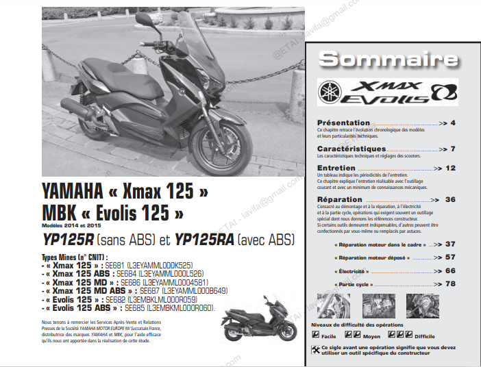 Manuel d'atelier Yamaha X max 125 2014 { {{ Docautomoto }}