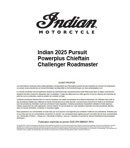 manuel d'atelier Indian Powerplus Chieftain challenger 2025 français Docautomoto