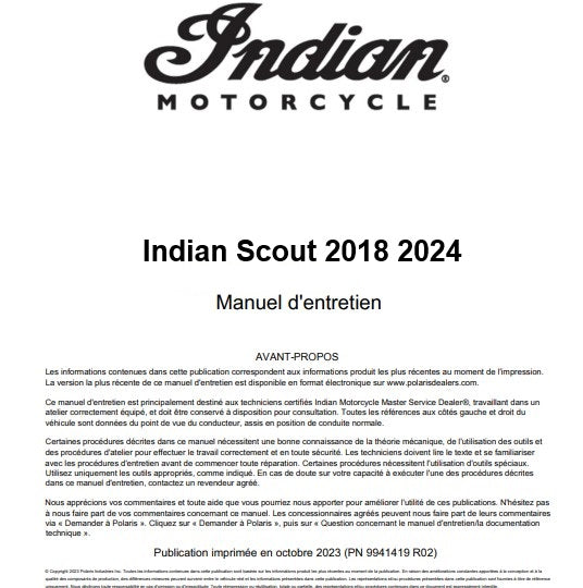 Manuel d'atelier Indian Scout 2018 2024 français { {{ Docautomoto }}