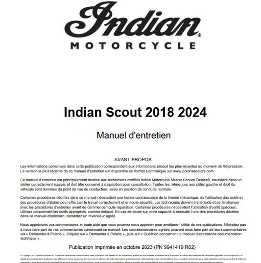 Manuel d'atelier Indian Scout 2018 2024 français { {{ Docautomoto }}