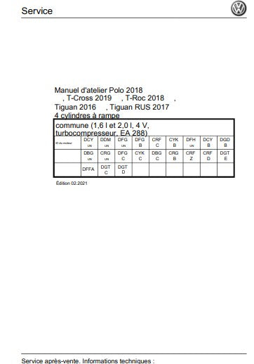 Manuel d'atelier Volkswagen 1.6 et 2.0 TDI EA288 2017 2020 Docautomoto