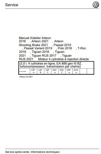manuel d'atelier Volkswagen 2.0 TFSI 2018 2021 français Docautomoto