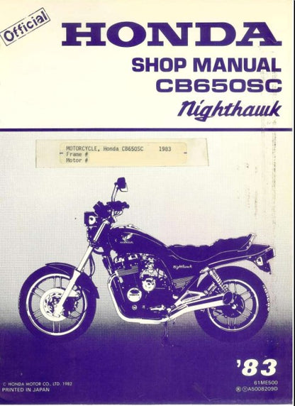 Manuel d'atelier Honda CB 650 Nighthawk 1983 { {{ Docautomoto }}