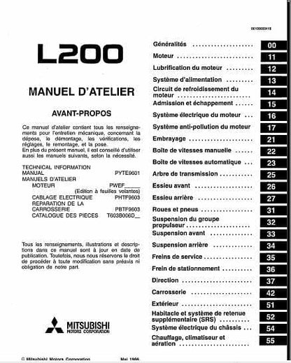 Manuel d'atelier Mitsubishi L200 96 2006 { {{ Docautomoto }}