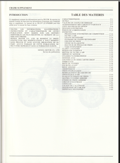 Manuel d'atelier Honda 125 CR 87 et 88 { {{ Docautomoto }}