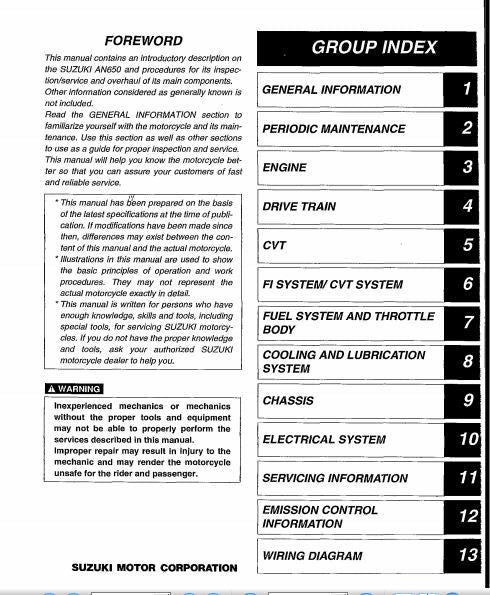 Manuels d'atelier Suzuki 650 Burgman 2002 et 2003 { {{ Docautomoto }}