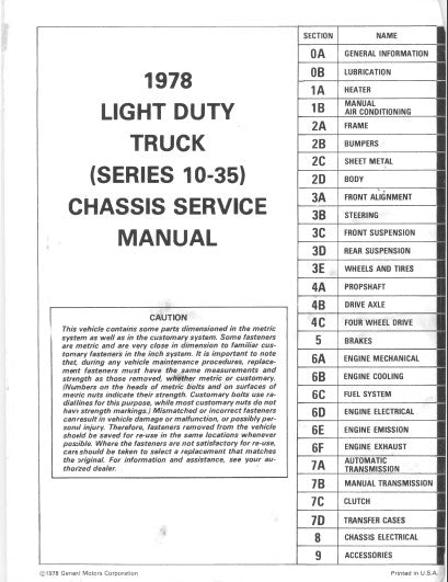 Manuel d'atelier Chevrolet pick ups 1978 { {{ Docautomoto }}