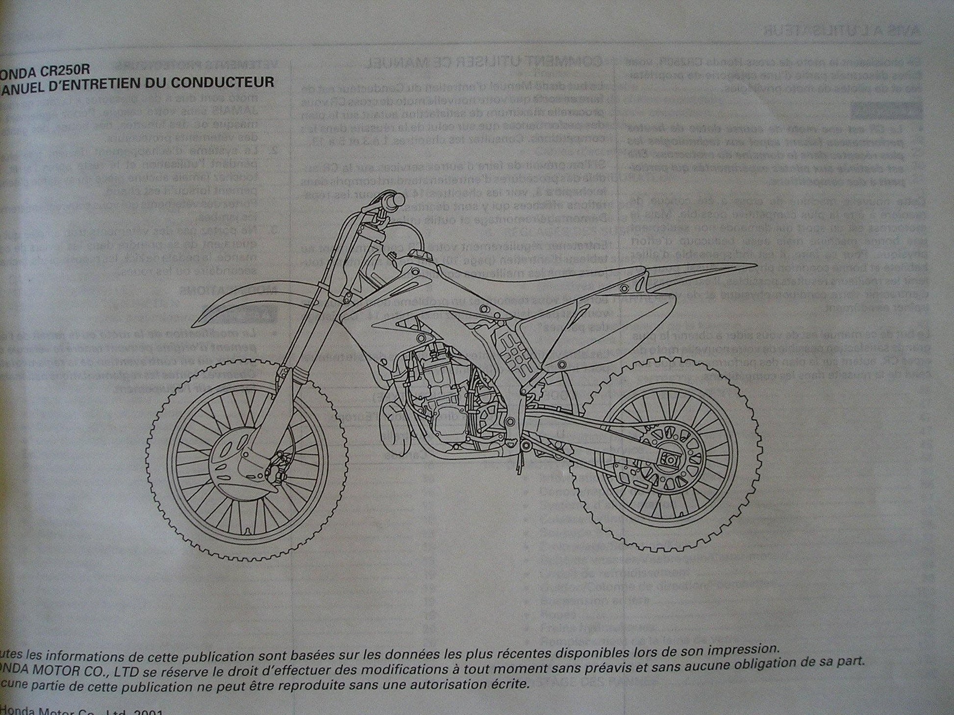Manuel d'atelier Honda 250 CR 2002 { {{ Docautomoto }}