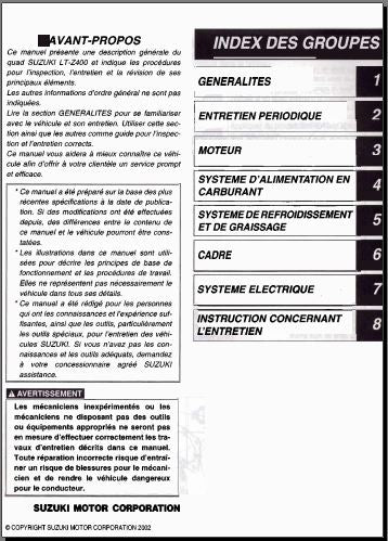 manuel d'atelier Suzuki 400 LTZ 2005 en français { {{ Docautomoto }}