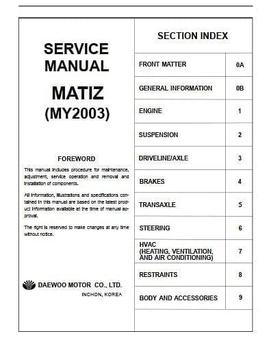 Manuel De Réparation Daewoo Matiz 2003 Docautomoto