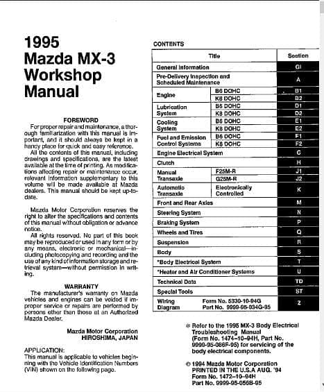 manuel d'atelier Mazda MX3 1995 AUTHENTIQU'ERE