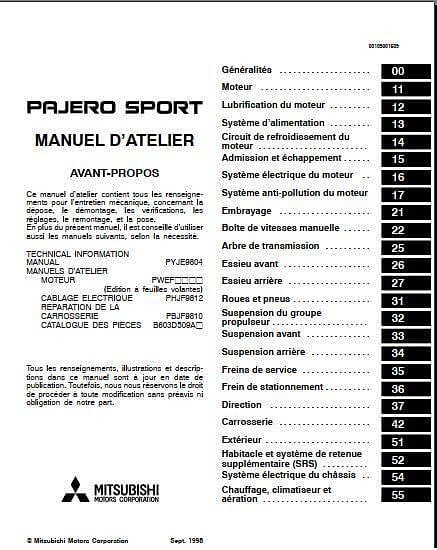 Manuel d'atelier Mitsubishi Pajero Sport 99 2002 en français { AUTHENTIQU'ERE