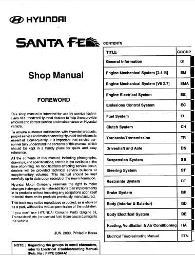 Manuel d'atelier Hyundai Santa Fe 2000 { AUTHENTIQU'ERE