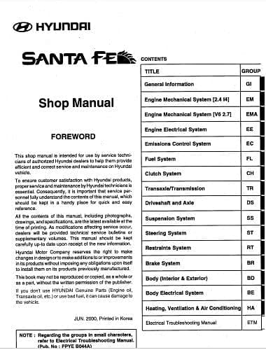 Manuel d'atelier Hyundai Santa Fe 2000 { {{ Docautomoto }}